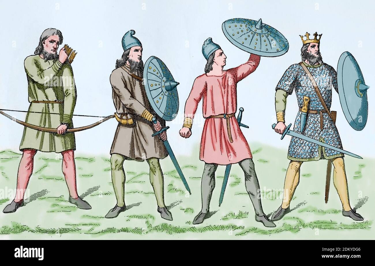 England. Anglo-Saxons period. 5th-11th. Society. Warriors, squire and king. Engraving, 19th century. Stock Photo