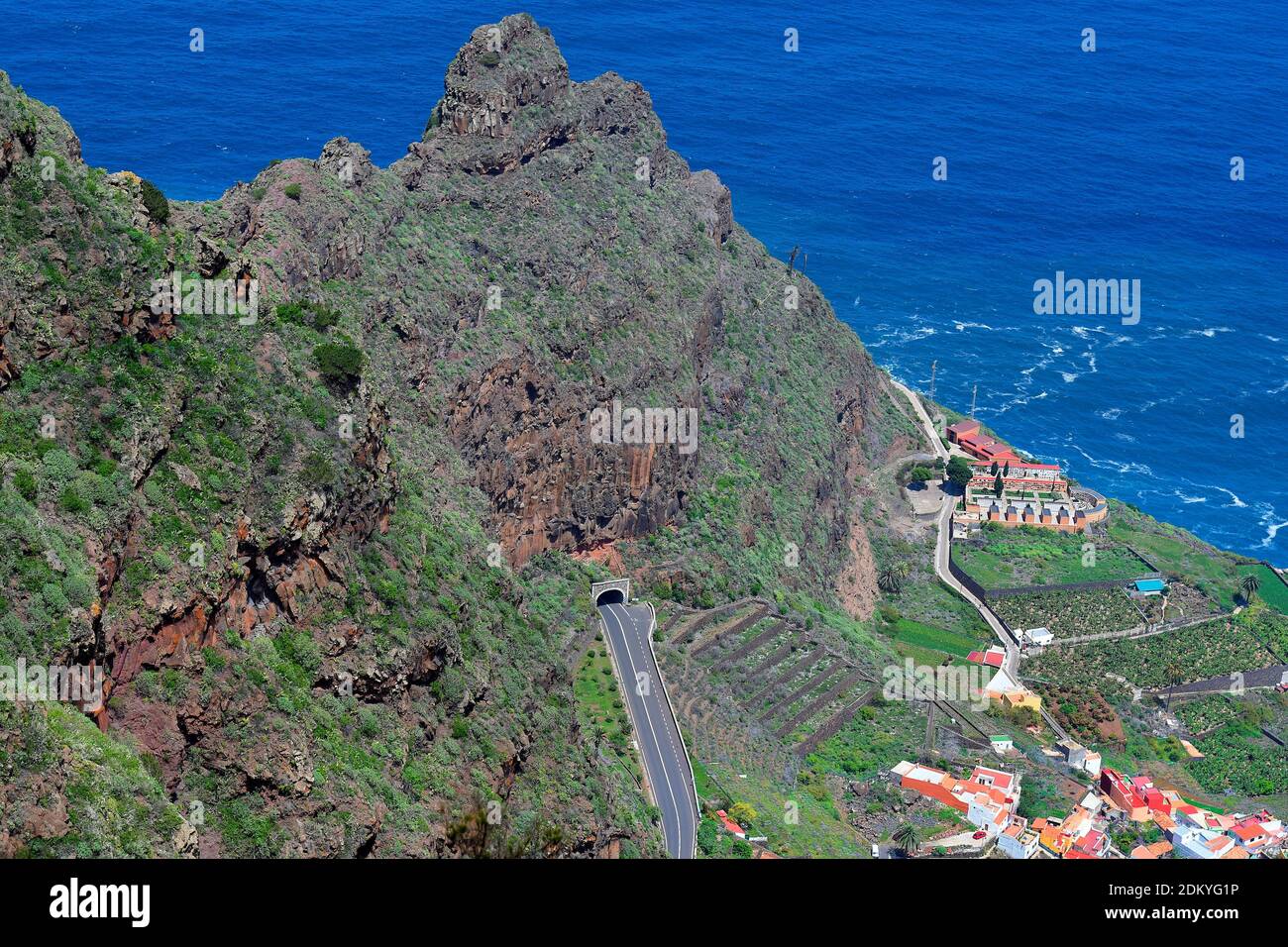 Spain, Canary Islands, La Gomera, aerial view to village Agulo and road ...