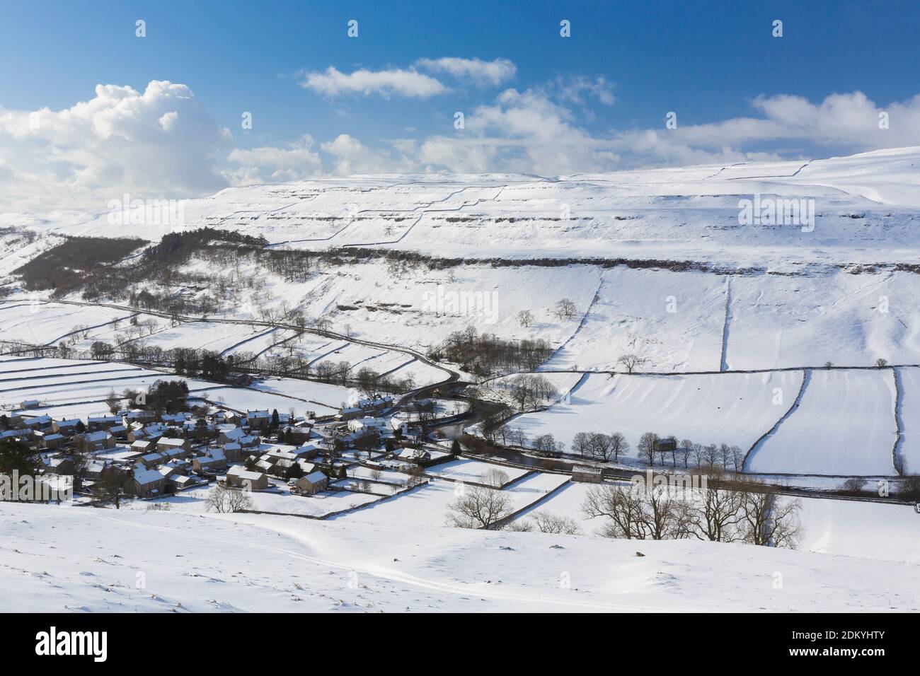 Deep snow at The village of Kettlewell in Upper Wharfedale, The Yorkshire Dales, United Kingdom. Stock Photo