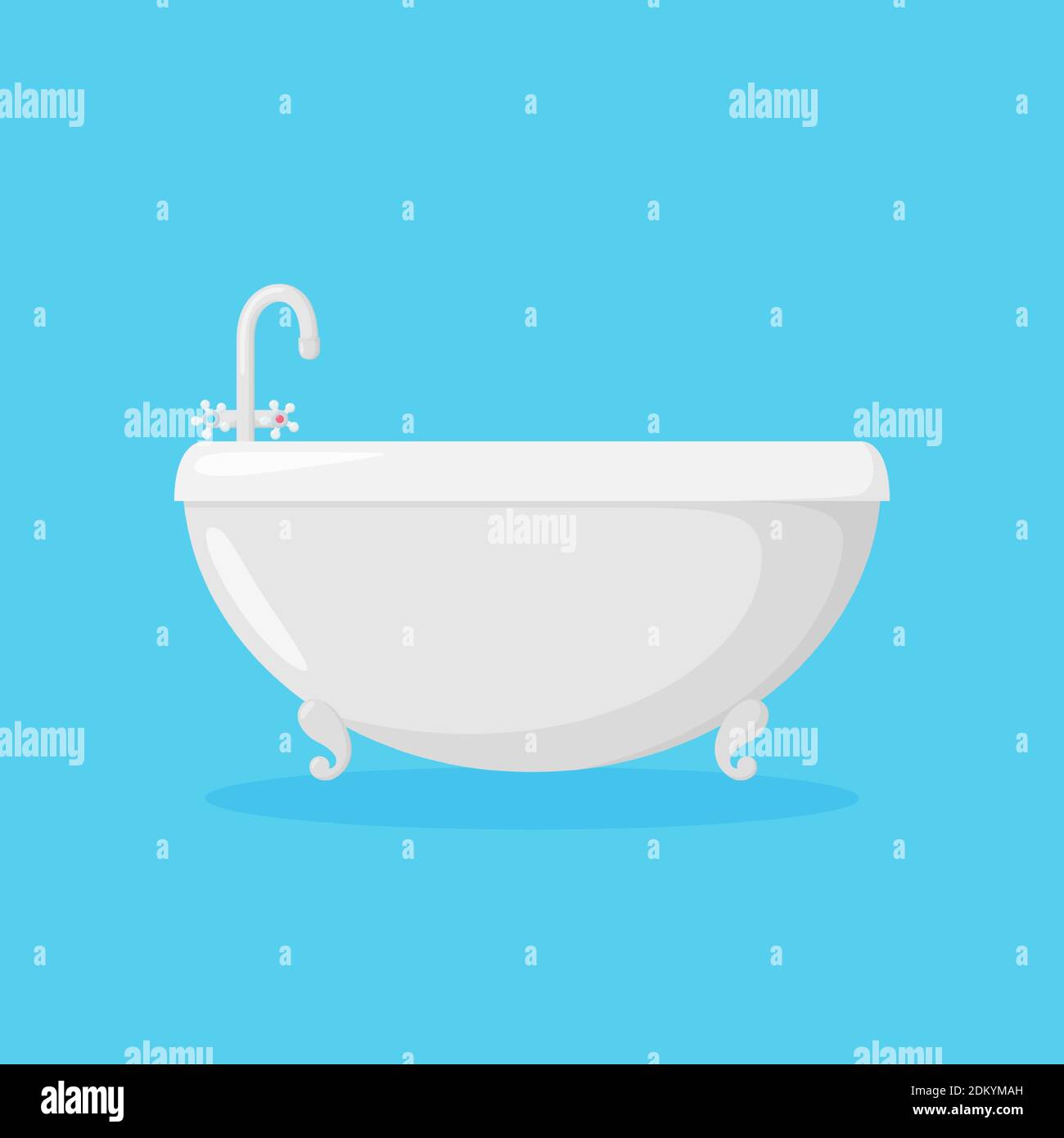 Bathtub for bathroom with faucet. Side view of whitehite ellipse tub with tap isolated in blue background. Vector illustration in cartoon style Stock Vector