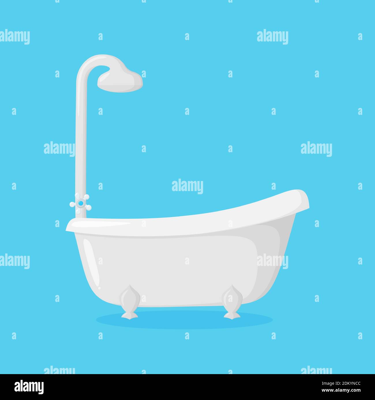 Bathtub with shower equipment. Clawfoot tub isolated in blue background