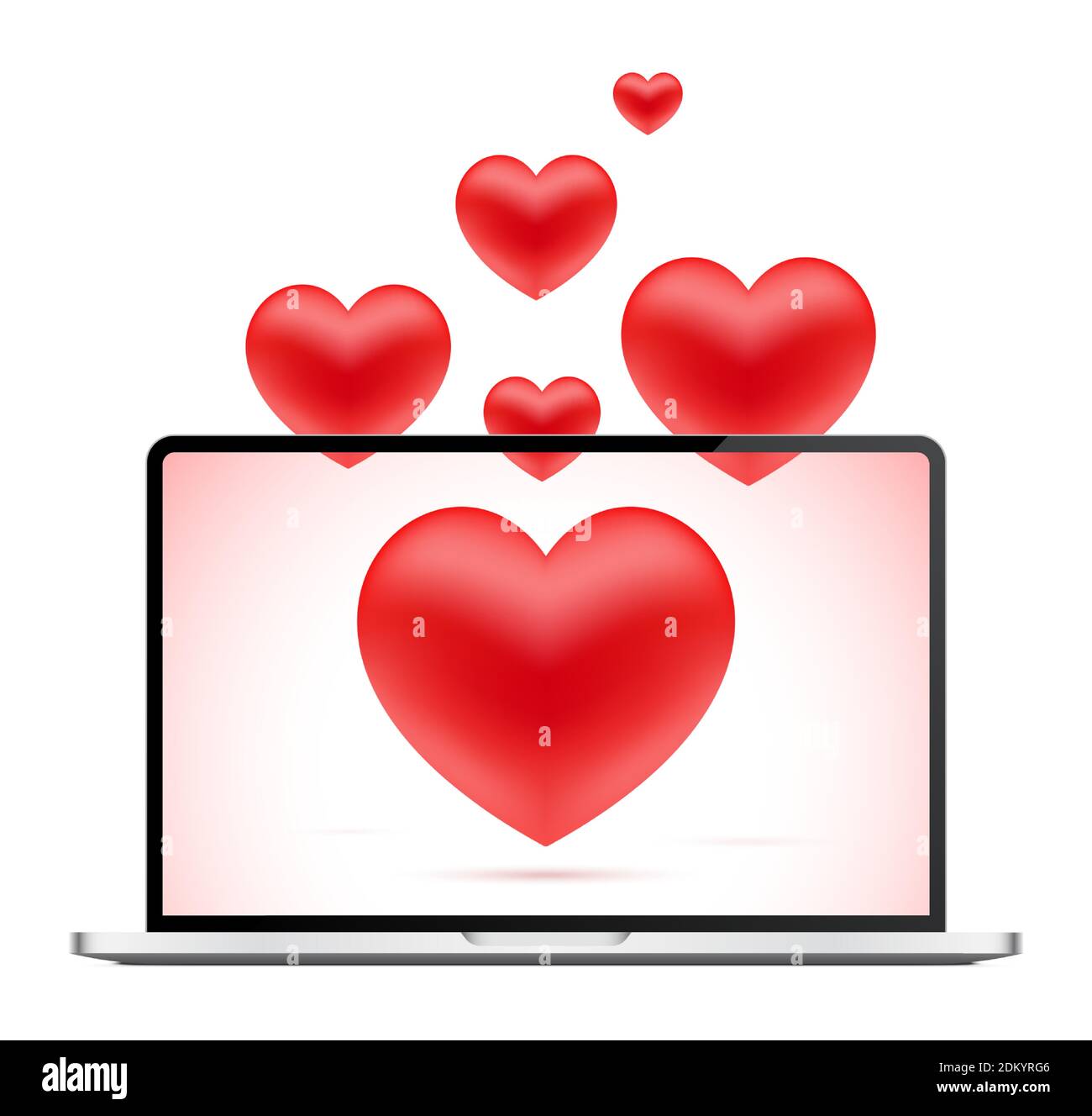 Romantic message concept, with red hearts flying out from an opened laptop. Vector illustration for Valentines day, or love relationships design decoration. Stock Vector