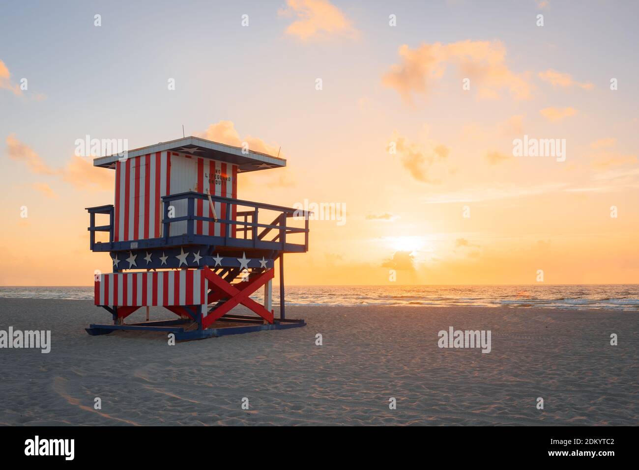 Miami Beach, Florida, USA sunrise and life guard tower. Stock Photo