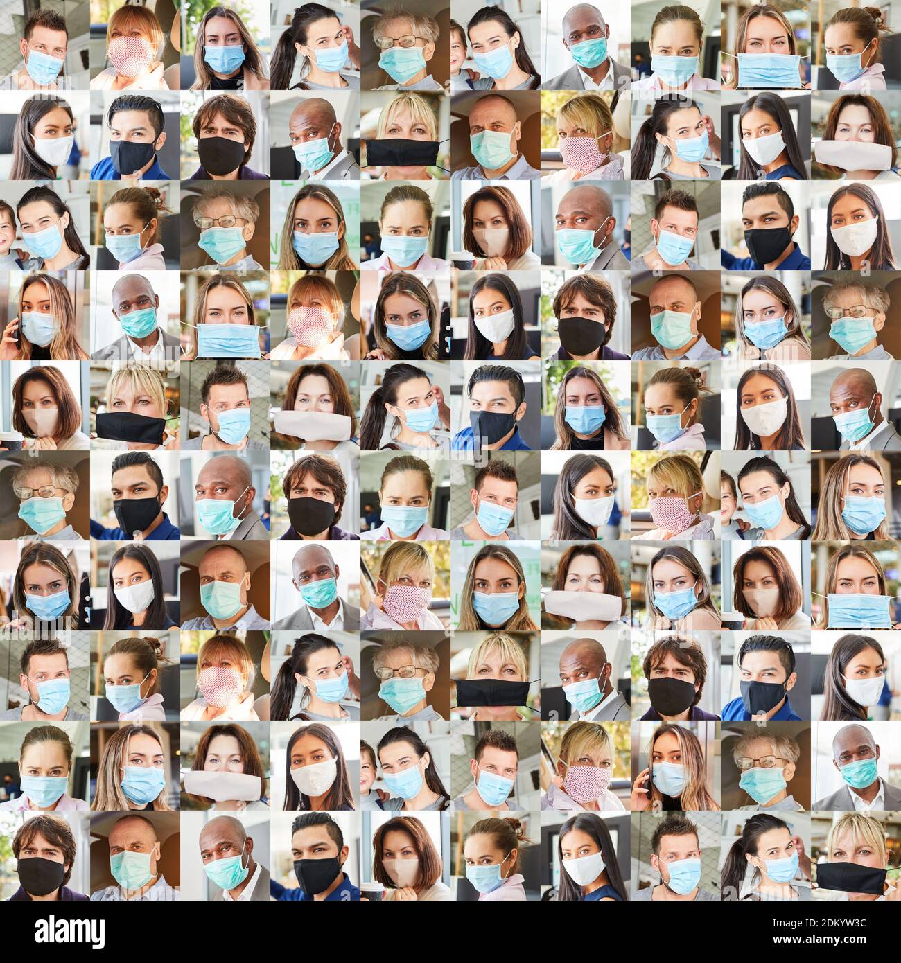 Portrait collage of people with face masks in everyday life during Covid-19 pandemic Stock Photo