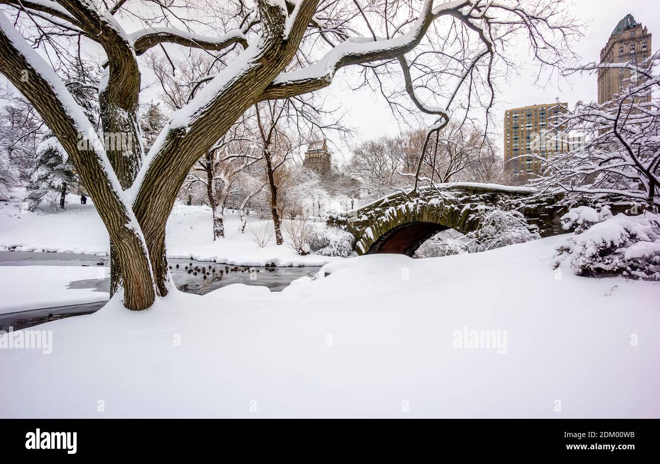 Gapstow Bridge in Central Park  after snow sotrm Stock Photo