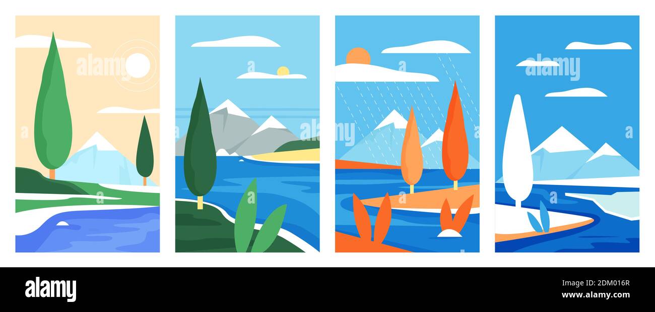 Mountain simple nature landscape vector illustration set. Minimalist natural seasonal vertical banners collection, summer winter spring autumn mountainous landscape with river, plants and trees Stock Vector