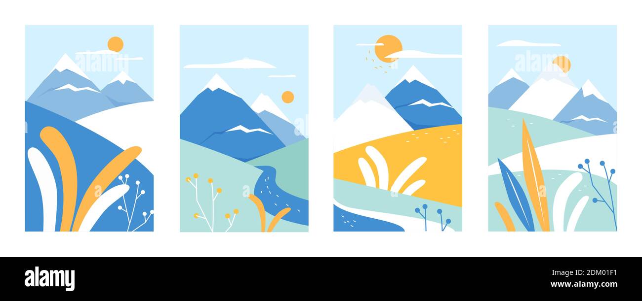 Mountain landscape, abstract nature vector illustration set. Cartoon geometric mountainous scenery, collection of coloful simple minimalist landscape design with triangular mountains, hills and plants Stock Vector