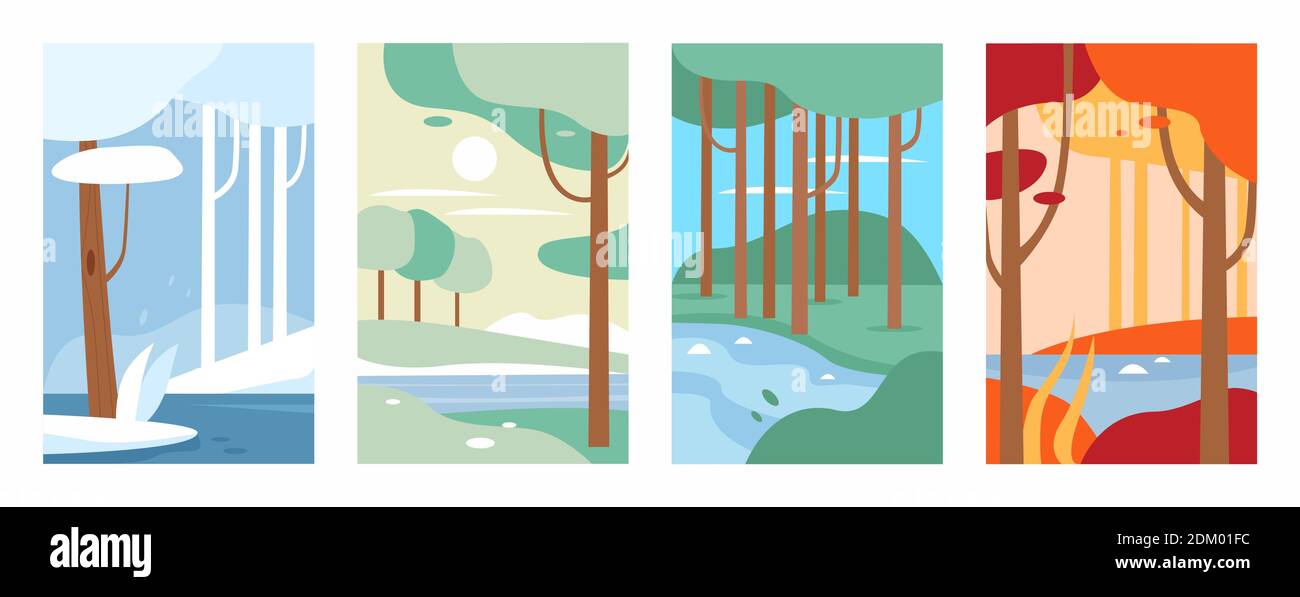 Minimalist nature forest landscape vector illustration set. Abstract natural scenery in vertical banners collection, summer winter spring autumn colorful trees by river, modern trendy simple design Stock Vector