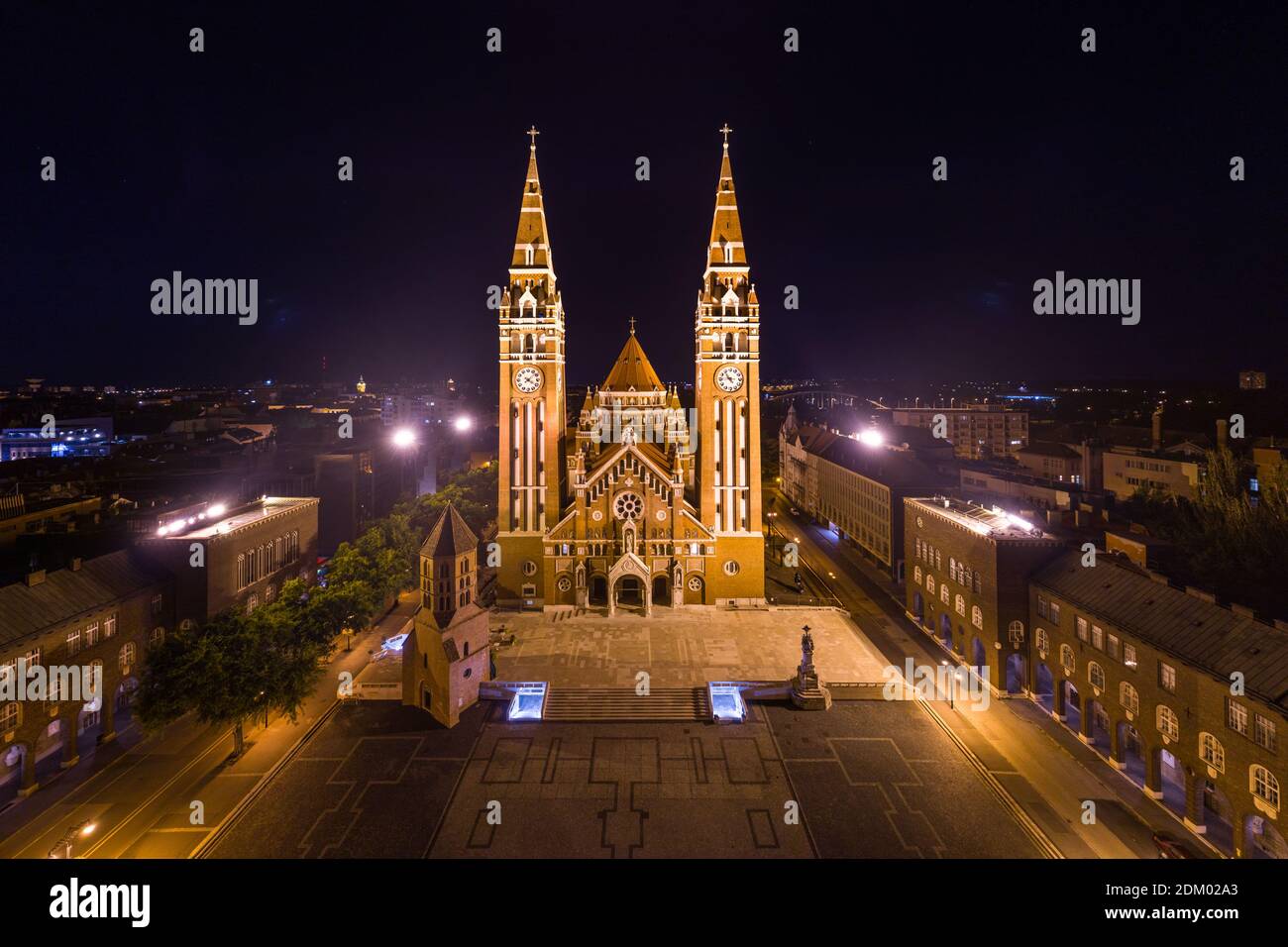 aerial photo of  beautiful Cathedral of Szeged at night Stock Photo