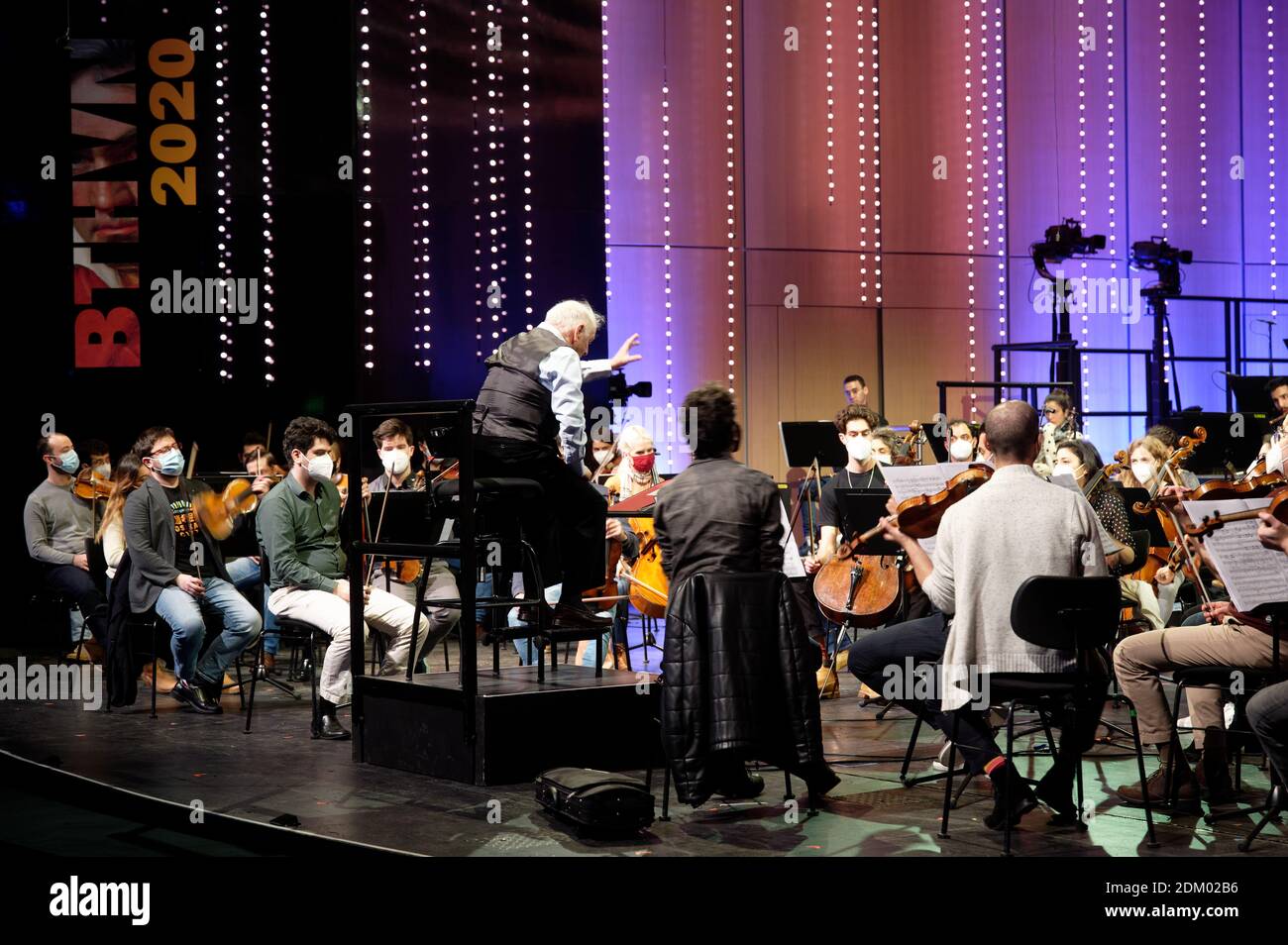 Bonn, Germany. 16th Dec, 2020. Conductor Daniel Barenboim rehearses with  the West-Eastern Divan Orchestra for the celebratory concert marking the  250th anniversary of Ludwig van Beethoven's baptism. The concert will take  place