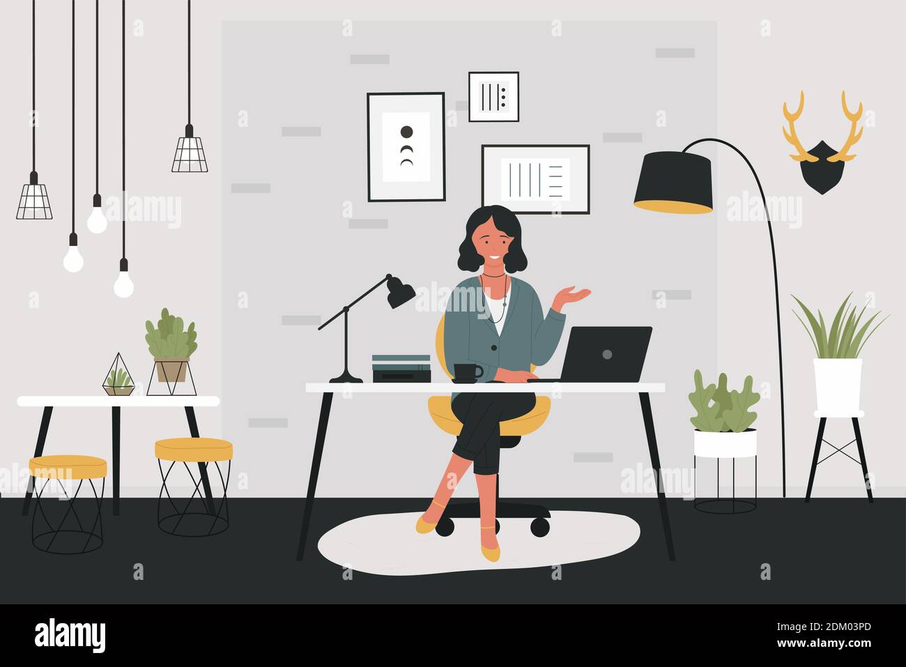 Woman freelancer working at home vector illustration. Cartoon happy young  girl worker character sitting at table with laptop in hygge home apartment  interior, daily freelance work concept background Stock Vector Image \u0026, image size:1300x957