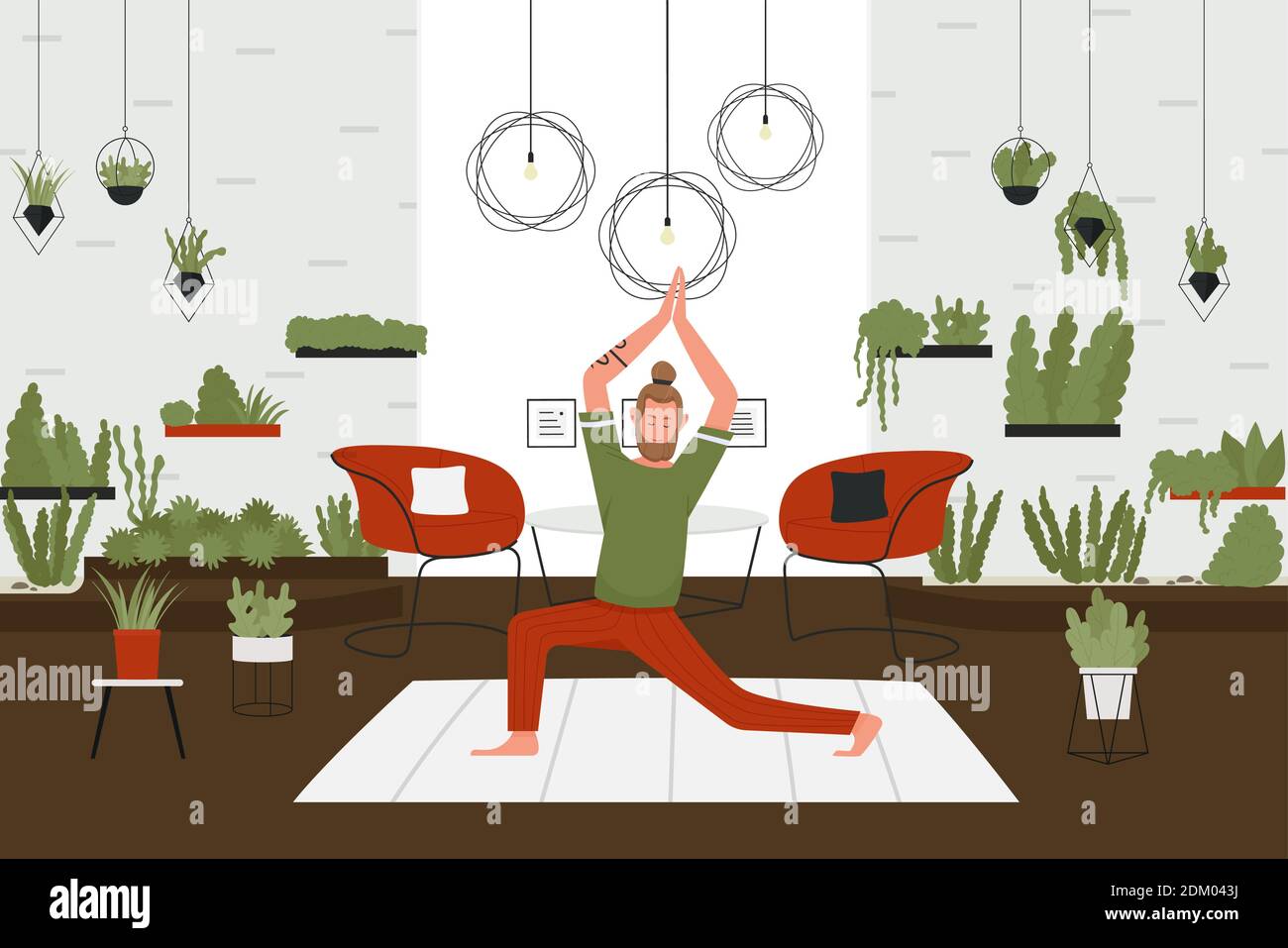 Yoga activity at home vector illustration. Cartoon active man character with beard doing yoga pranayama exercise, meditating, sport fitness mindfulness practice in home living room interior background Stock Vector
