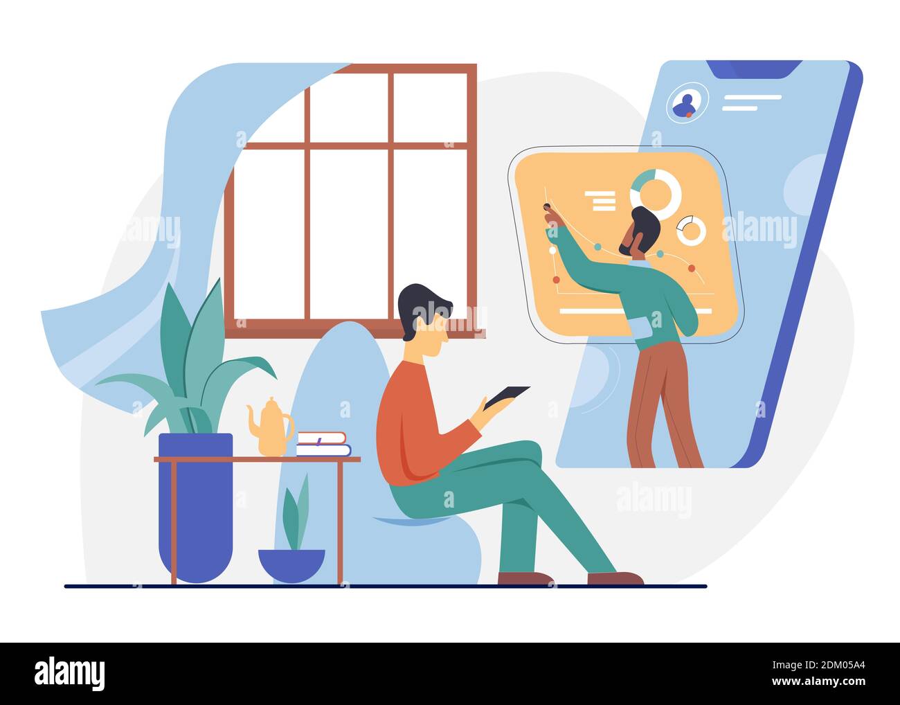 Online webinar lesson, education vector illustration. Cartoon student character studying at home, watching seminar lecture with teacher talking from phone screen, internet web course isolated on white Stock Vector