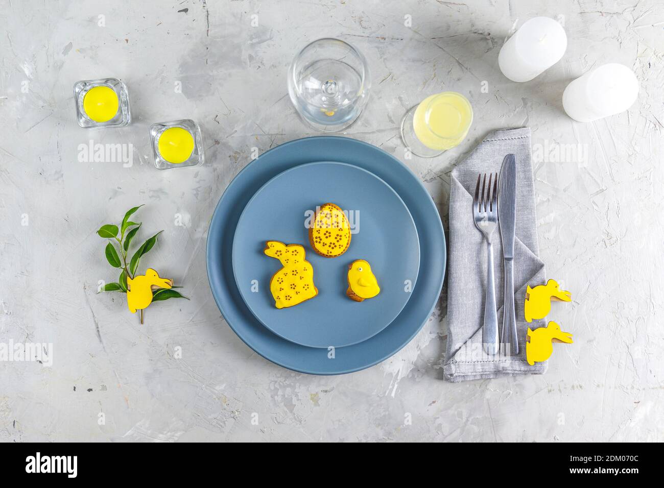 Ultimate Gray and Illuminating colors aesthetic elegant fine Easter events table place setting overhead. Top view creative composition flat lay. Stock Photo