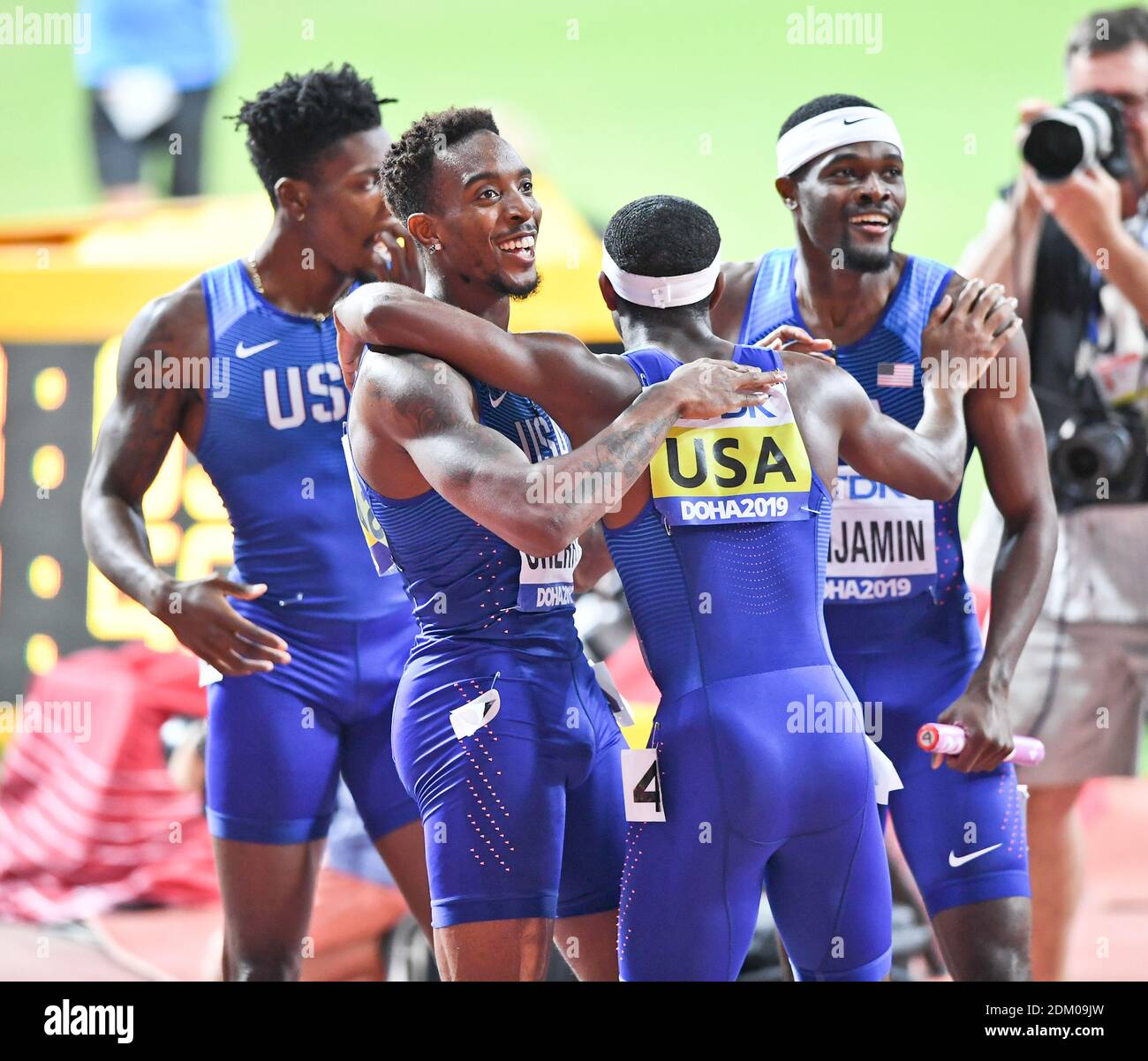 Fred Kerley, Michael Cherry, Wilbert London, Rai Benjamin (USA) 4x400 relay men Gold Medal. IAAF