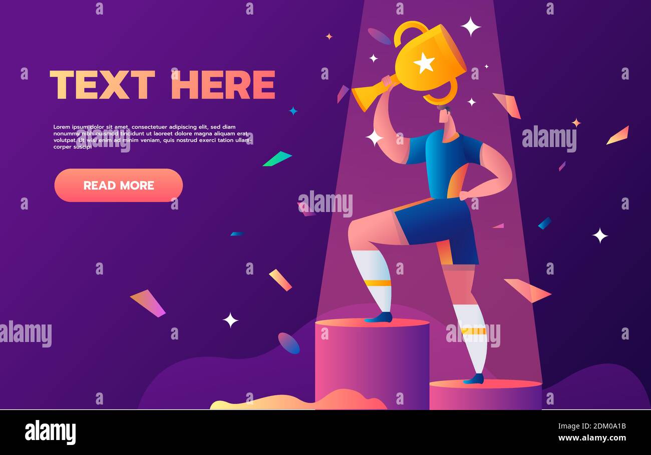 Football players celebrating golden cup team just won. Flat vector