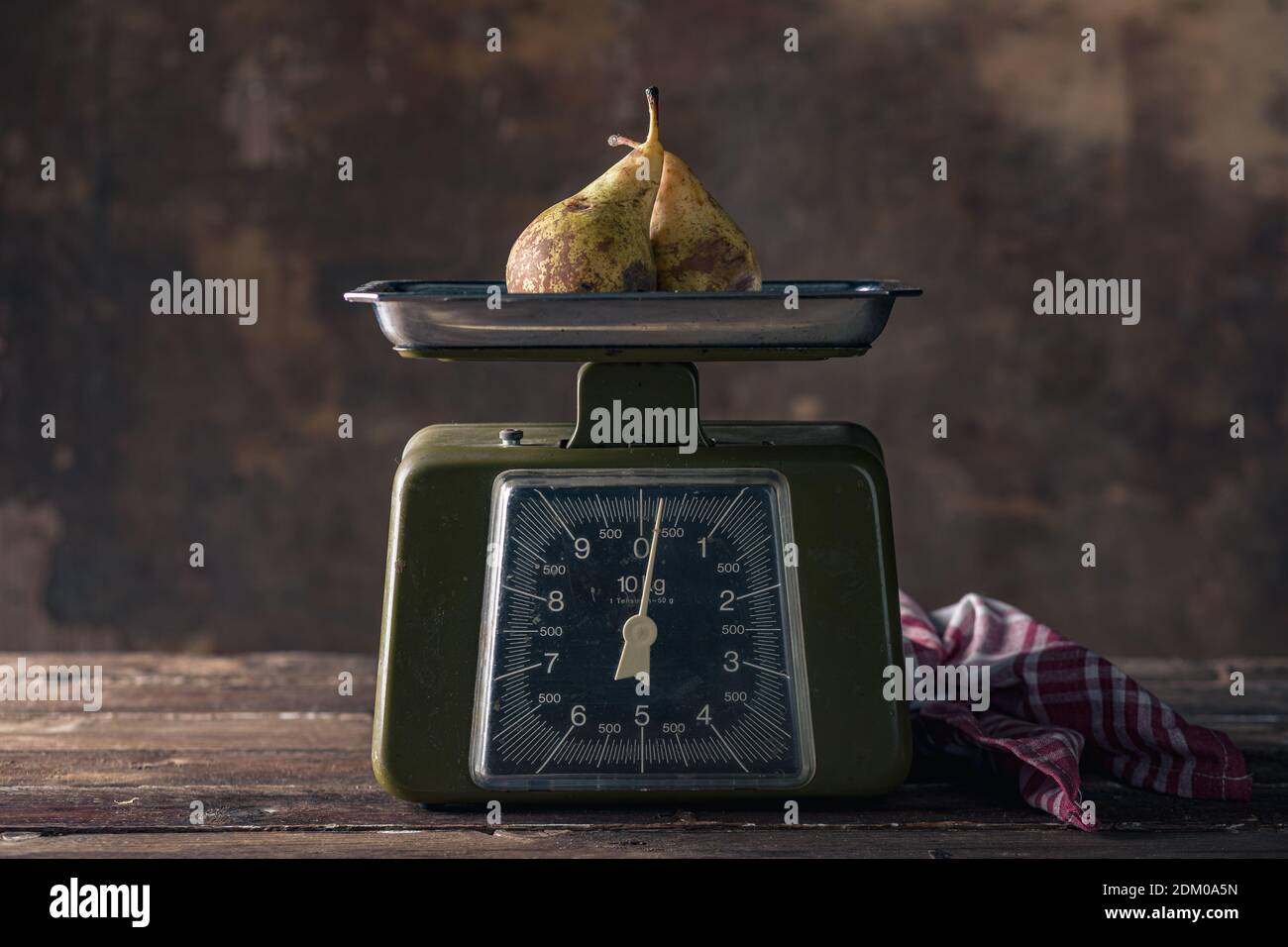 Vintage Scales on Wooden Table with Pears Stock Photo