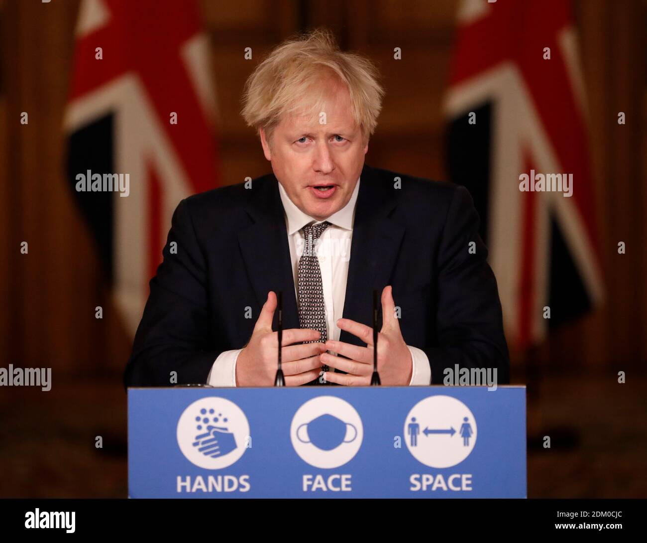Prime Minister Boris Johnson during a media briefing on coronavirus (COVID-19) in Downing Street, London. Stock Photo