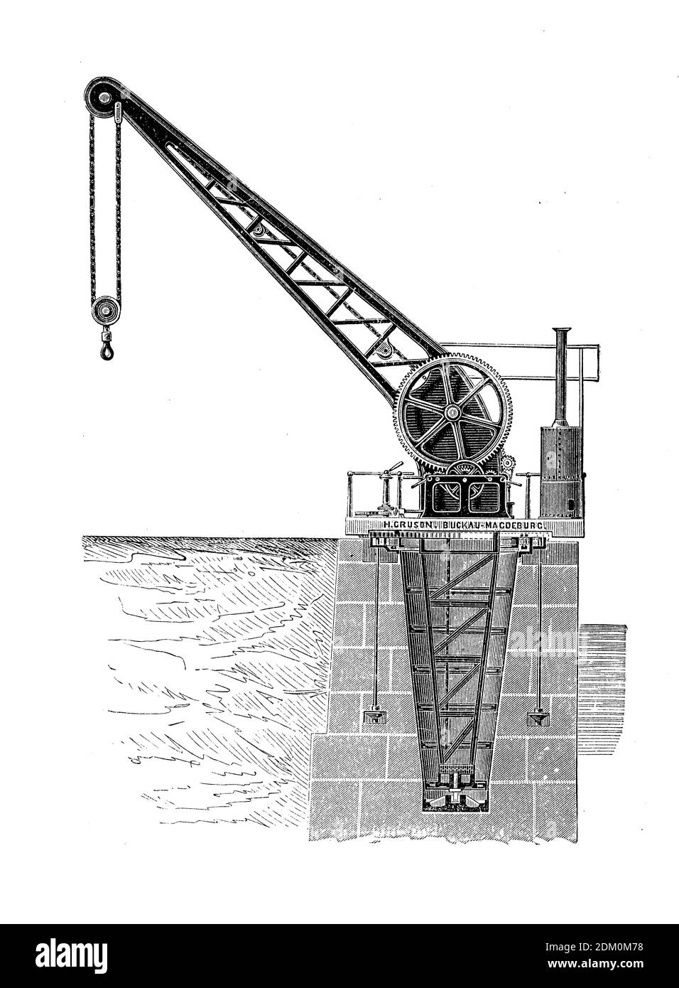 fixed rotary crane to load vessels from railway wagons, designed in the 19th century by Hermann Gruson's  machinery and shipbuilding workshop in Magdeburg, Germany Stock Photo
