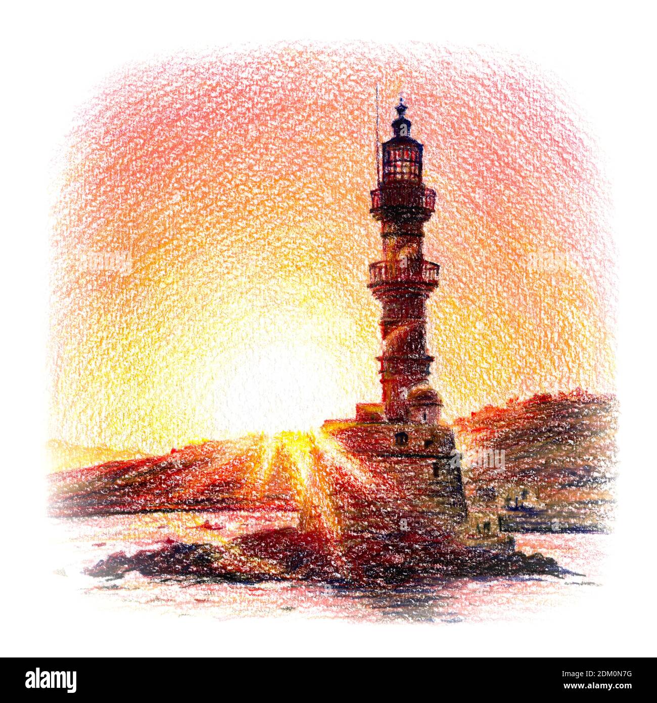 Coplored pencils sketch of Lighthouse in old harbour of Chania at sunset, Crete, Greece Stock Photo