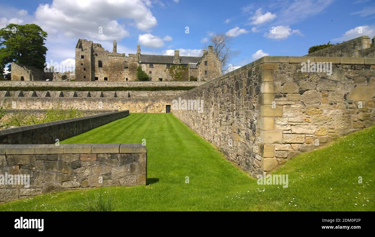 A view toward the medieval stone castle building in the Fife coastal ...