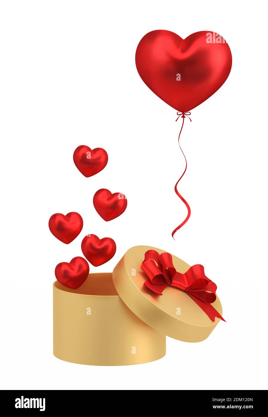 Gold gift box with red balloons heart shape isolated on white ...