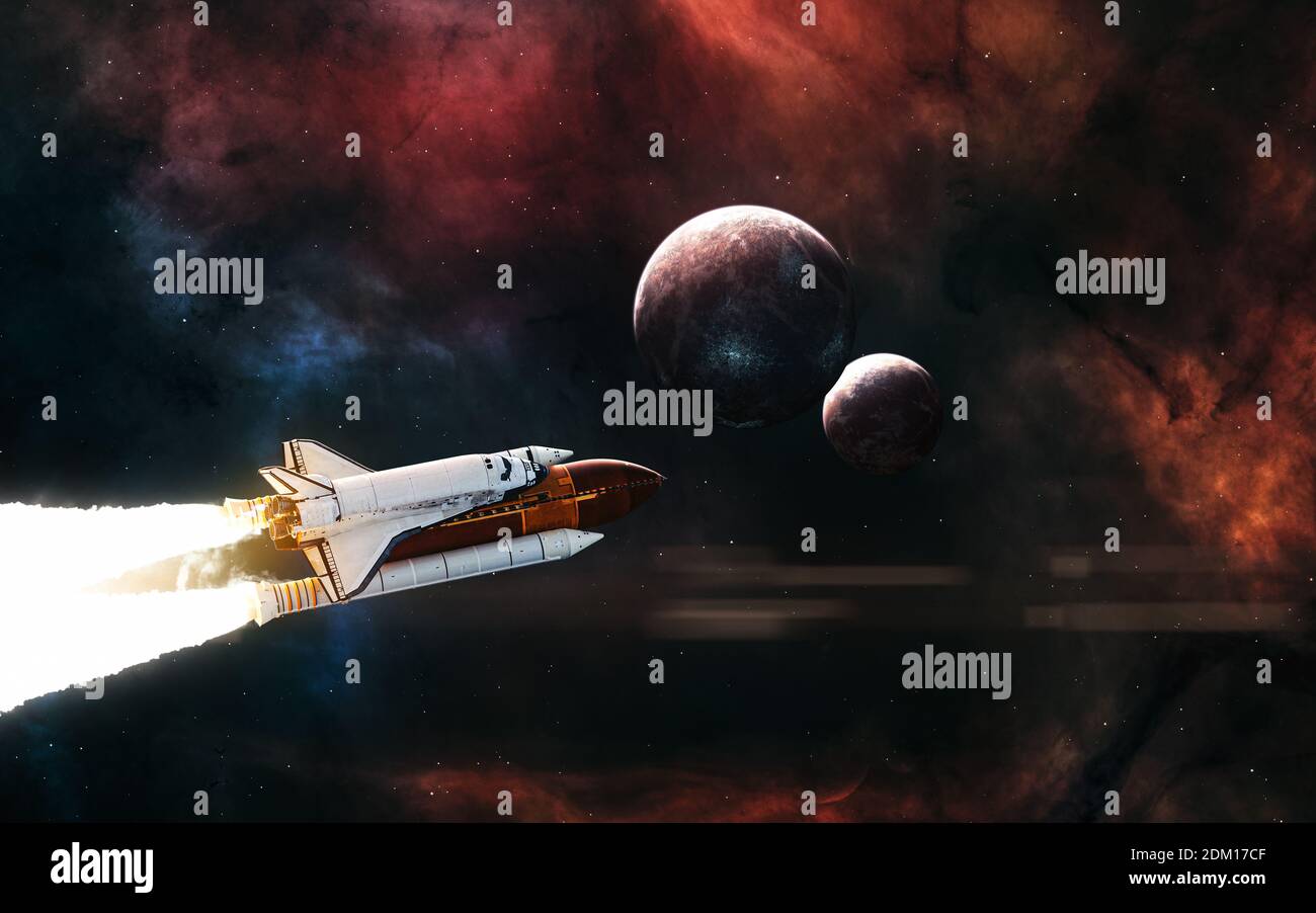 Space shuttle on background of planets in deep space Stock Photo