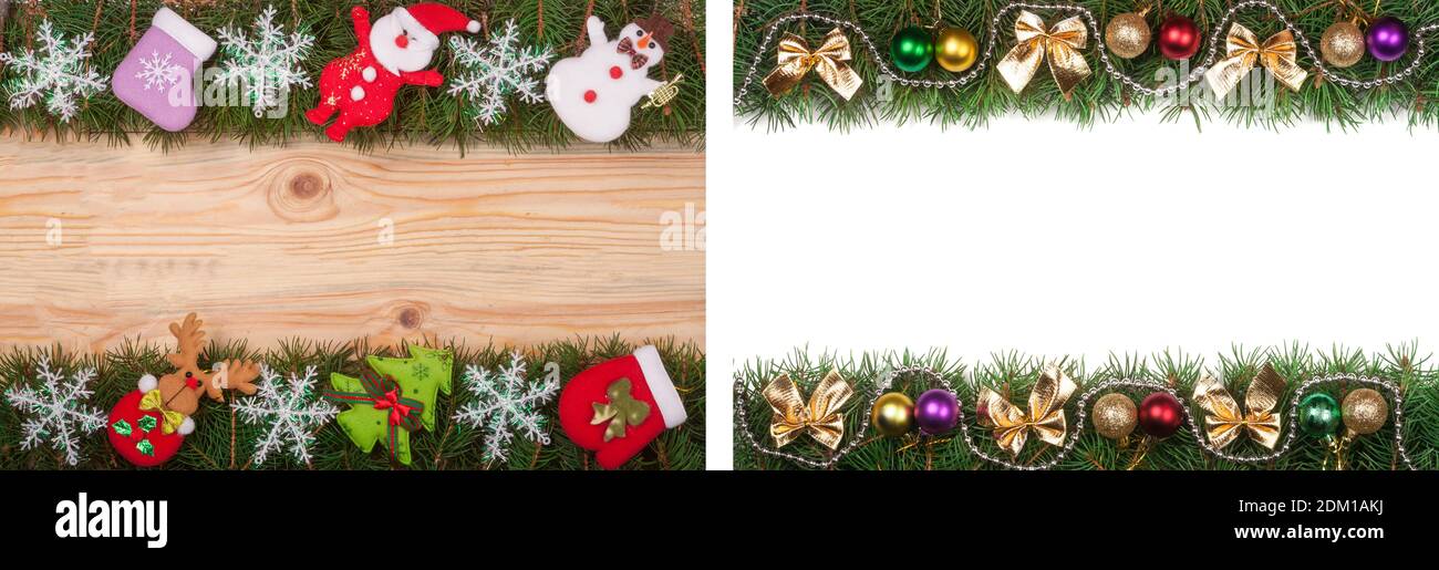 Christmas frame made of fir branches on a light wooden background and ...