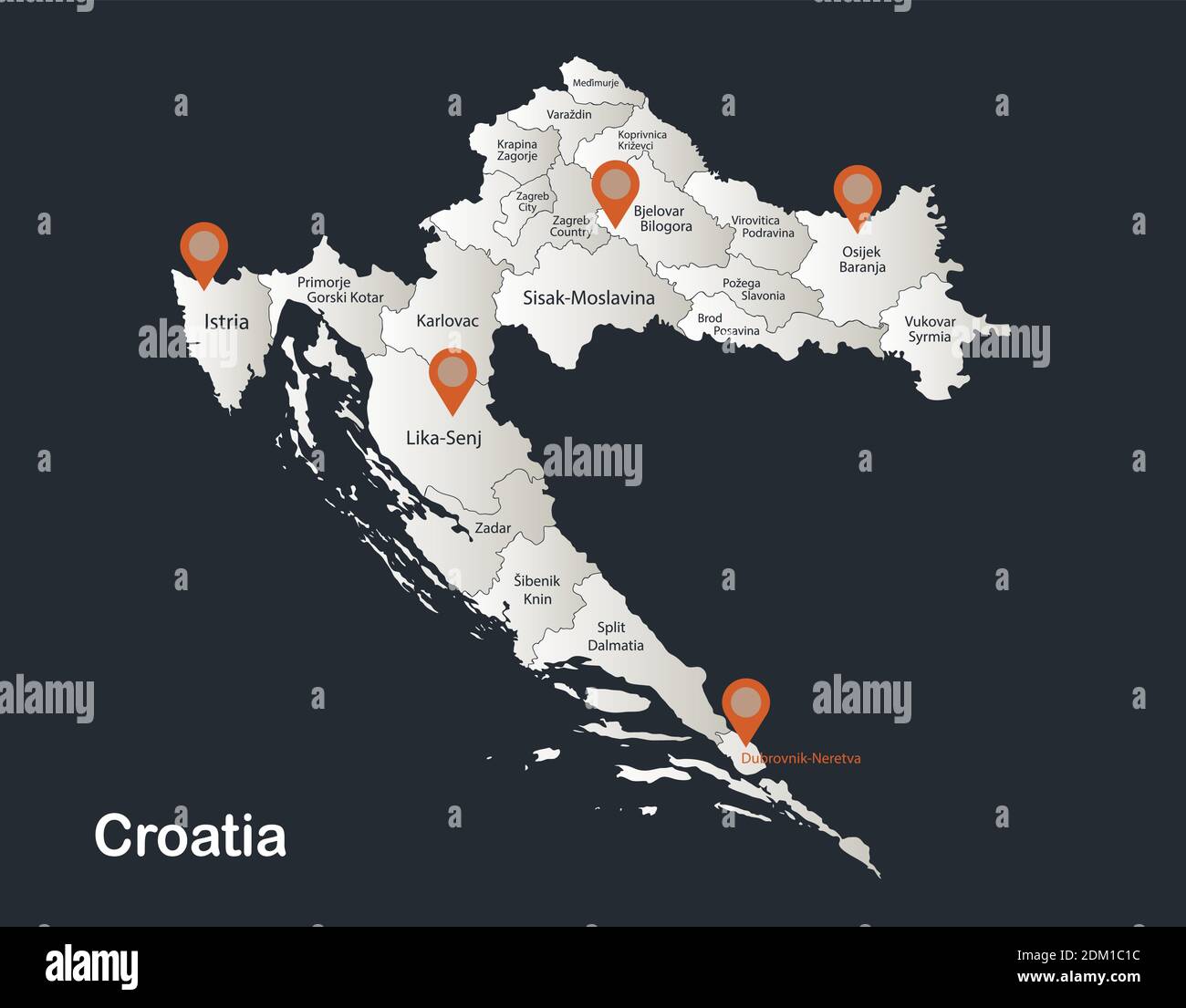 Croatia map, Infographics flat design colors snow white, with names of individual regions vector Stock Vector