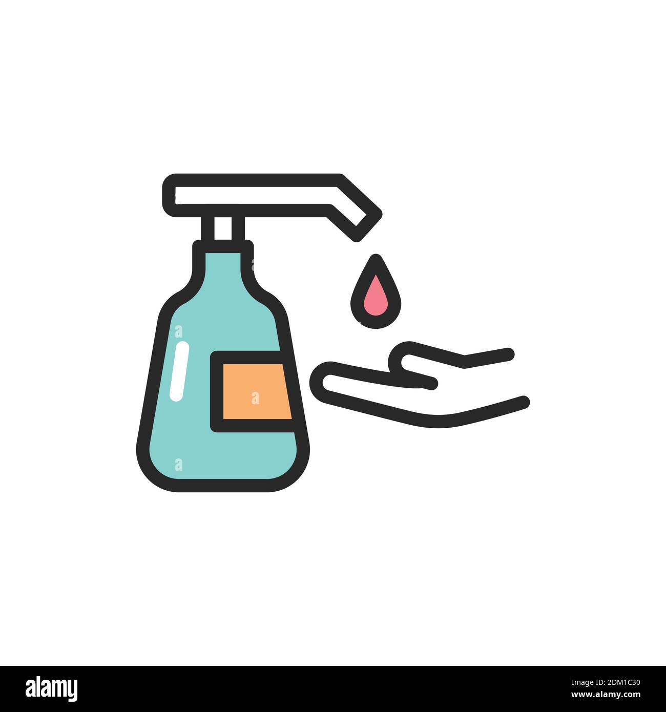 Antibacterial soap and hand color line icon. Isolated vector element. Stock Vector