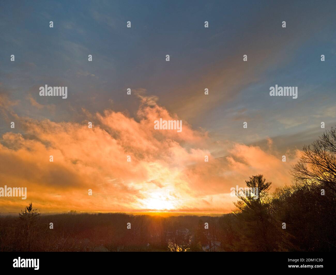 Panoramic aerial view of a beautiful sunset from above the tree tops of Old Bridge, New Jersey. -14 Stock Photo