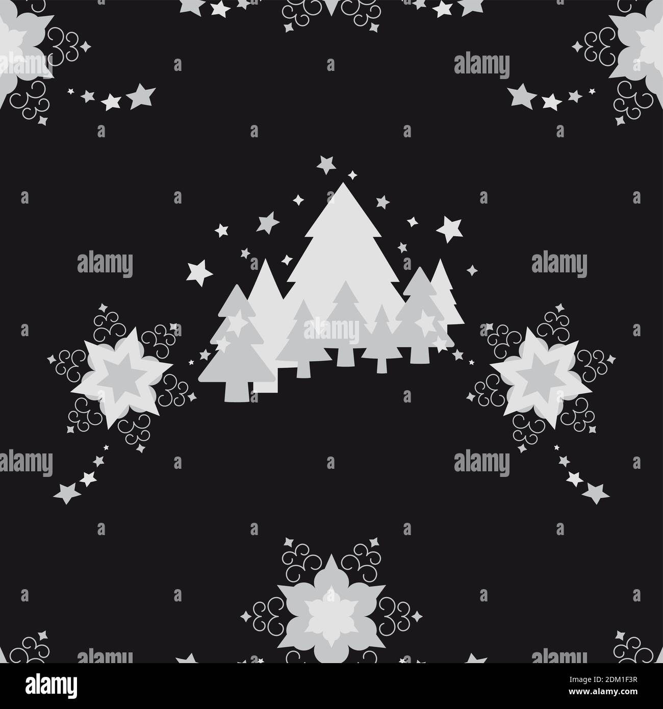 Christmas seamless pattern. Stars and fir forest. Black and grey. Vector illustration. Stock Vector