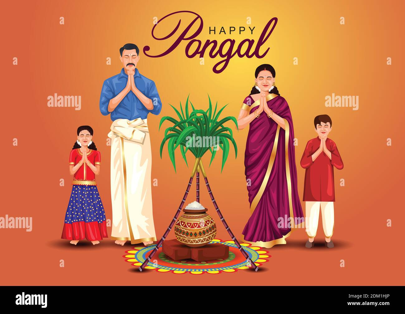 Happy Pongal celebration with sugarcane, Rangoli and pot of rice ...