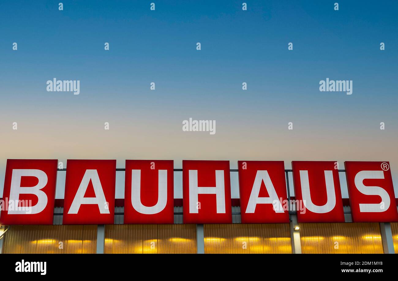 Close up view of logo board Bauhaus on blue sky with white clouds  background. Sweden. Uppsala Stock Photo - Alamy