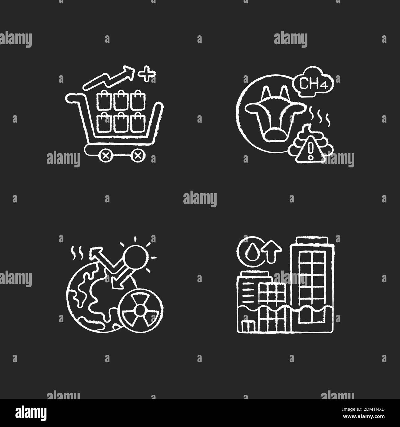 Global warming chalk white icons set on black background Stock Vector ...