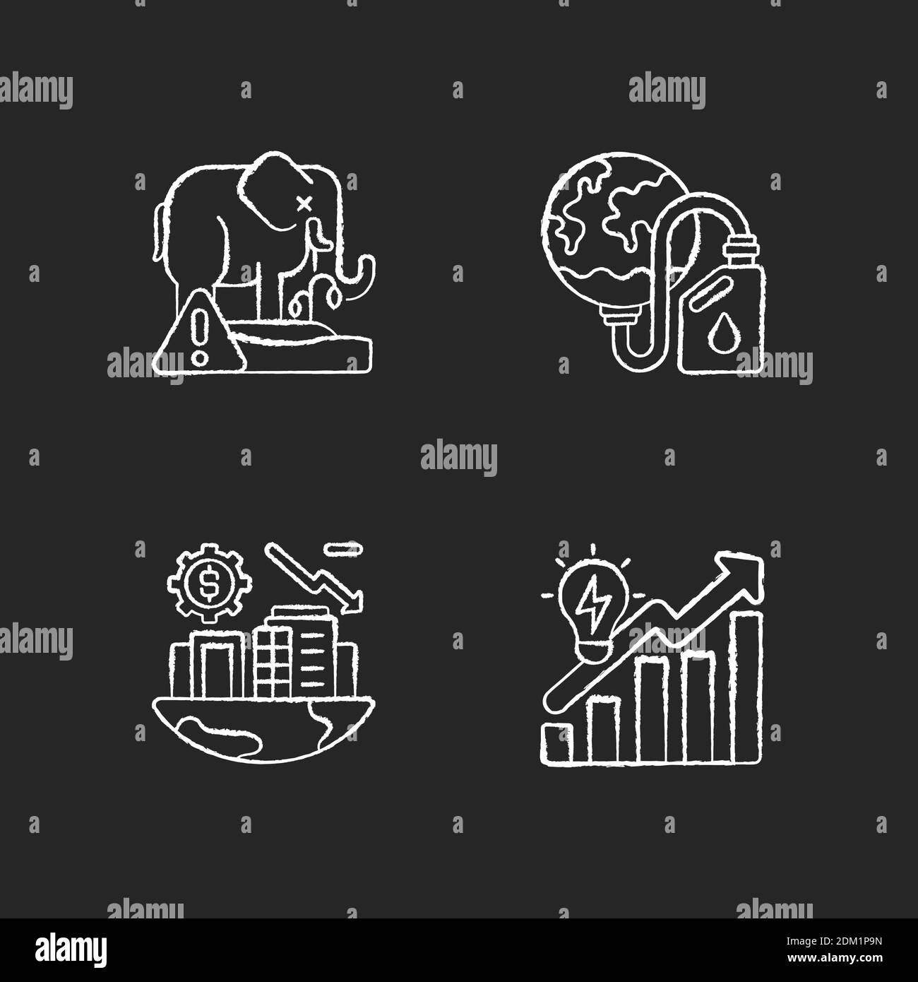 Global warming chalk white icons set on black background Stock Vector