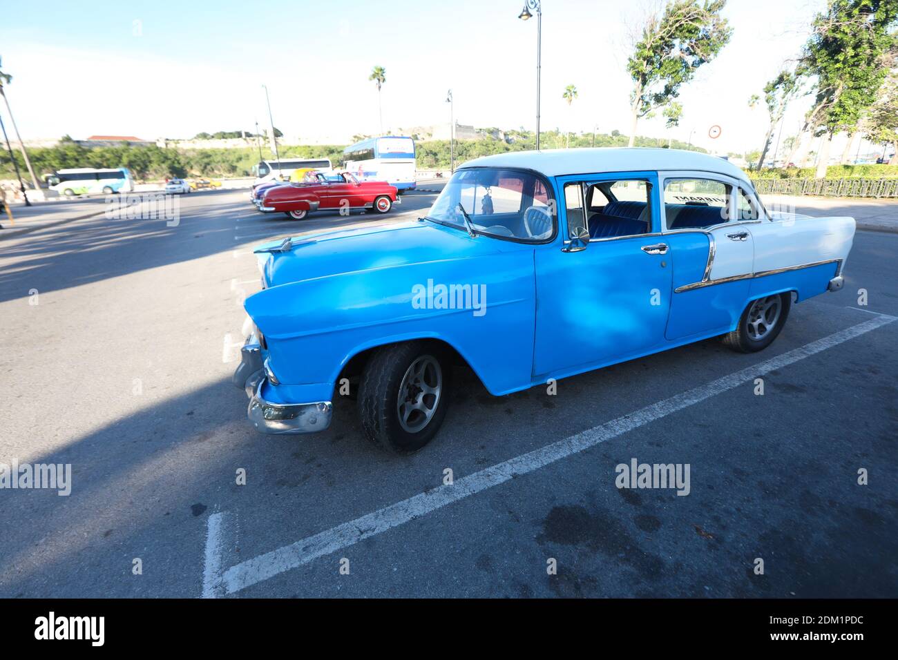 Blue old 1950s vintage American car / Yank tank in Havana, Cuba, Caribbean Stock Photo