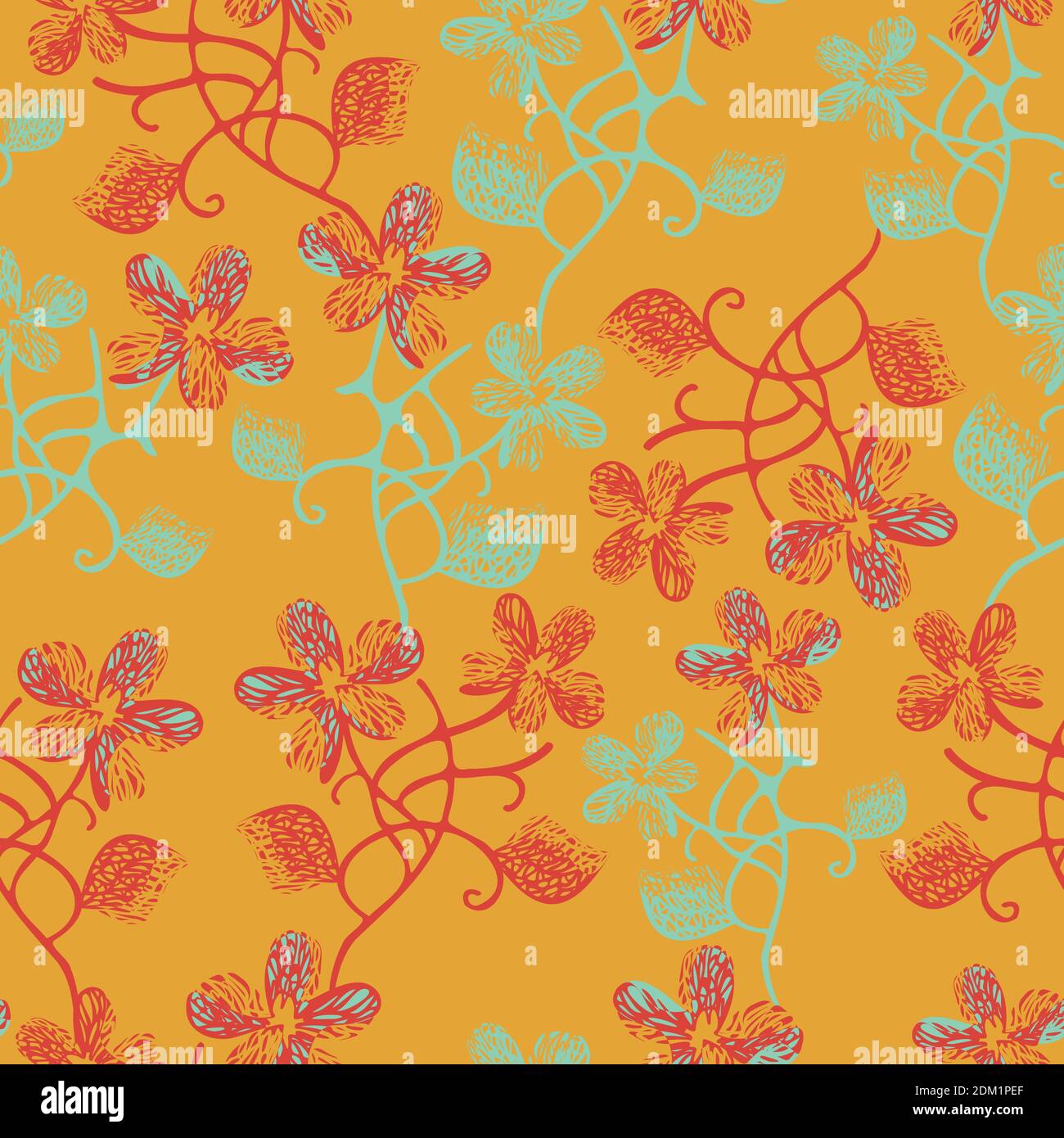 Vector seamless pattern of abstract flowers in negative film style. Red and blue flowers on orange background. Design for wallpaper or textile. Stock Vector