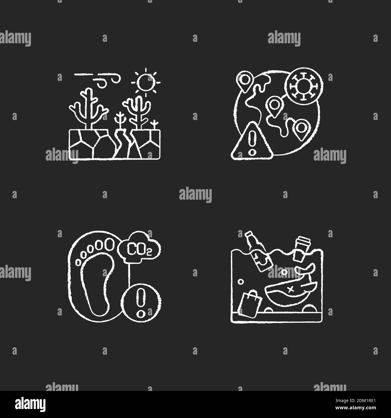 Global warming chalk white icons set on black background Stock Vector