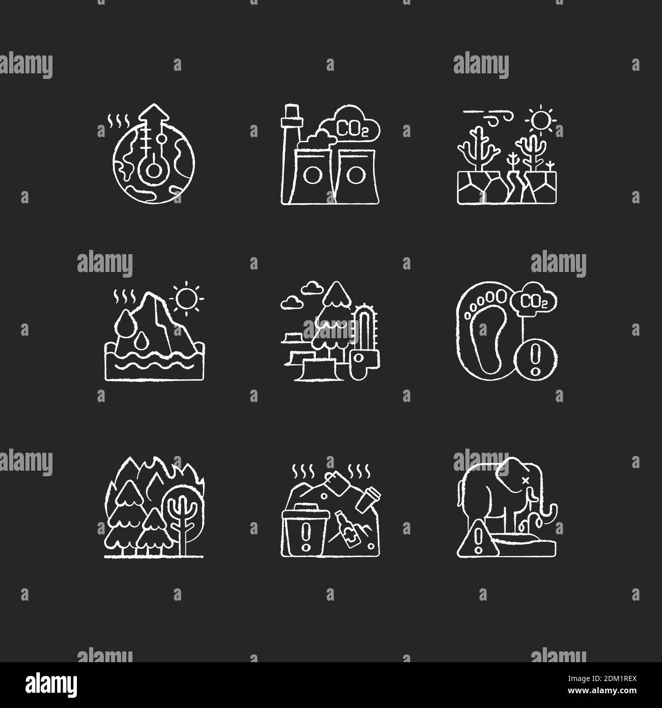 Global warming chalk white icons set on black background Stock Vector ...
