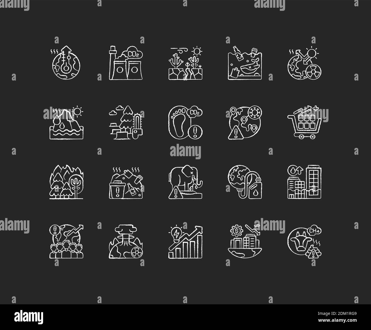 Global warming chalk white icons set on black background Stock Vector ...