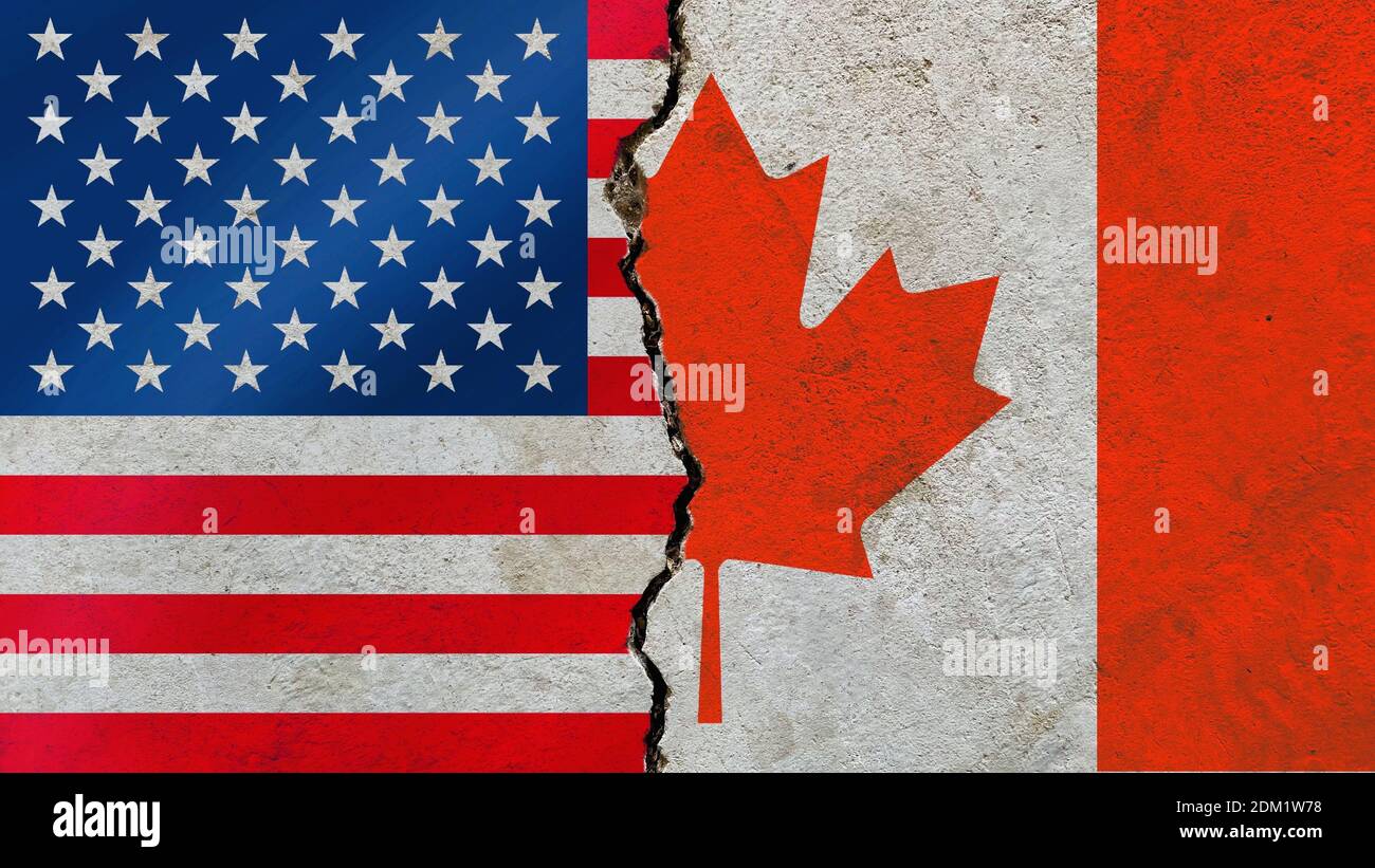 An American and Canada flag on a cracked wall-politics, war, conflict ...