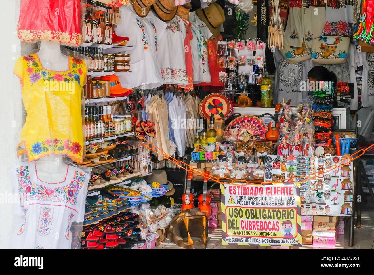 Tourist shop with Covid-19 Sanitary Preventions in place, Centro of Merida Mexico Stock Photo