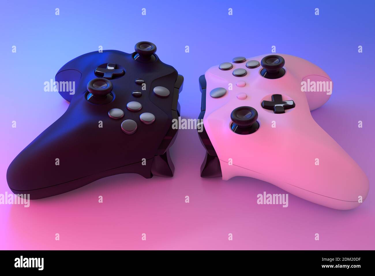 Realistic video game controllers in neon lights on white table ...