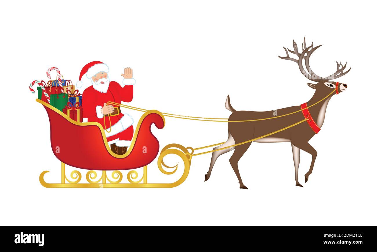 Santa Claus riding a sleigh full of gifts for Christmas, pulled by reindeer, 3d vector illustration Stock Vector