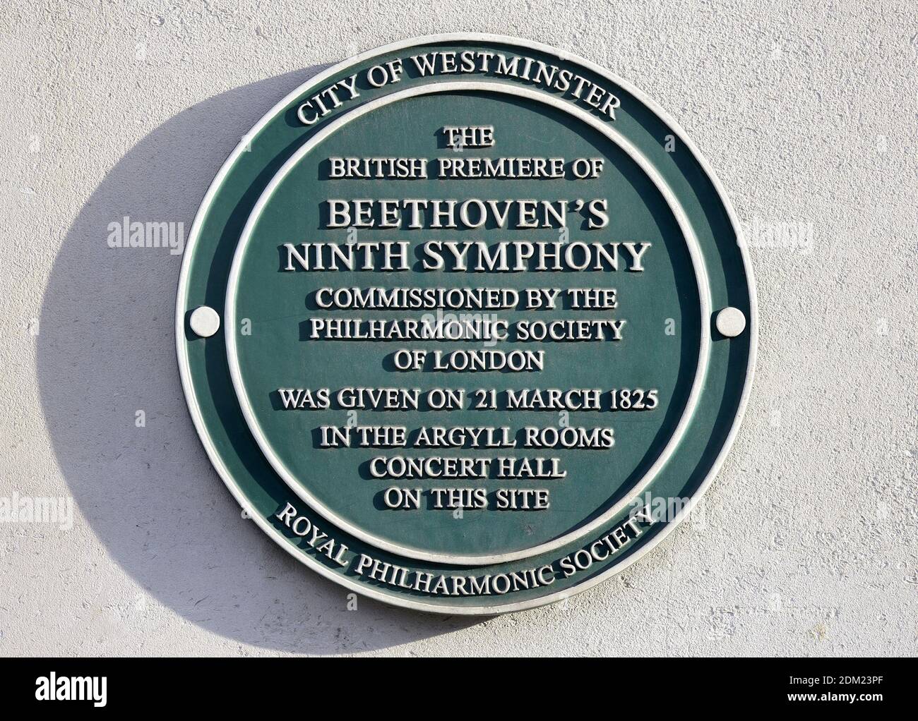 London, UK. Commemorative plaque at 252 Regent Street: 'The British premier of Beethoven's Ninth Symphony commissioned by the Philharmonic Society of Stock Photo