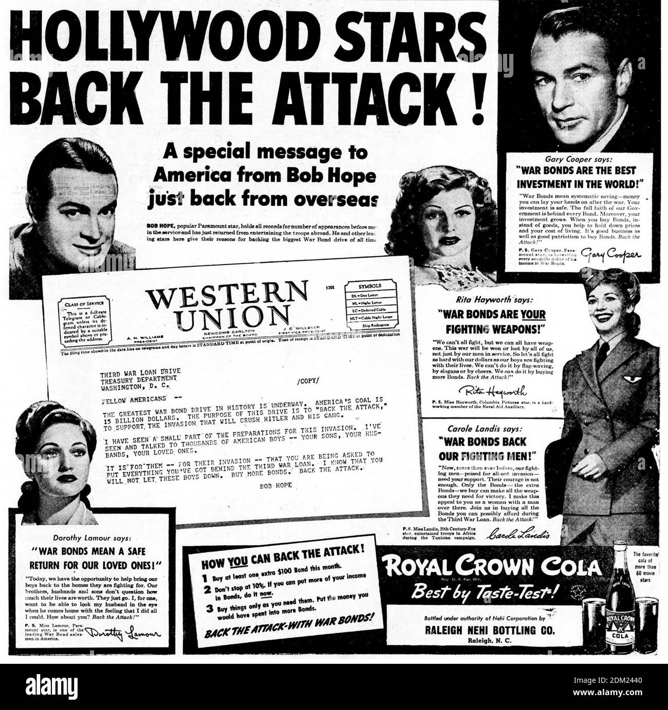 AMERICAN WAR BONDS ADVERT WW2 featuring endorsements from Bob Hope, Gary Cooper, Dorothy Lamour, Rita Hayworth Stock Photo