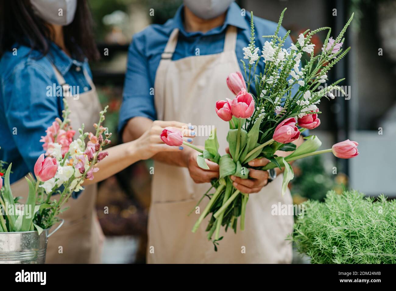 Covid-19 pandemic, floral decor and small business Stock Photo