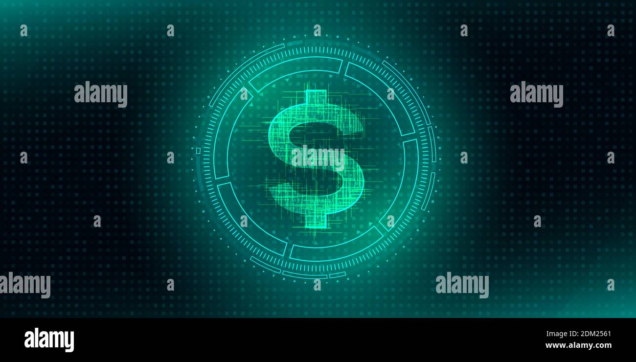 Digital currency USA dollar sign on abstract HUD technology background