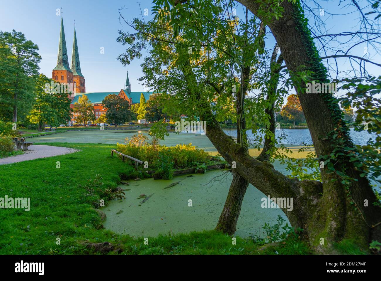 Lake Mühlenteich and Cathedral in the late evening,  Hanseatic City of Lübeck, Schleswig-Holstein, North Germany, Europe Stock Photo